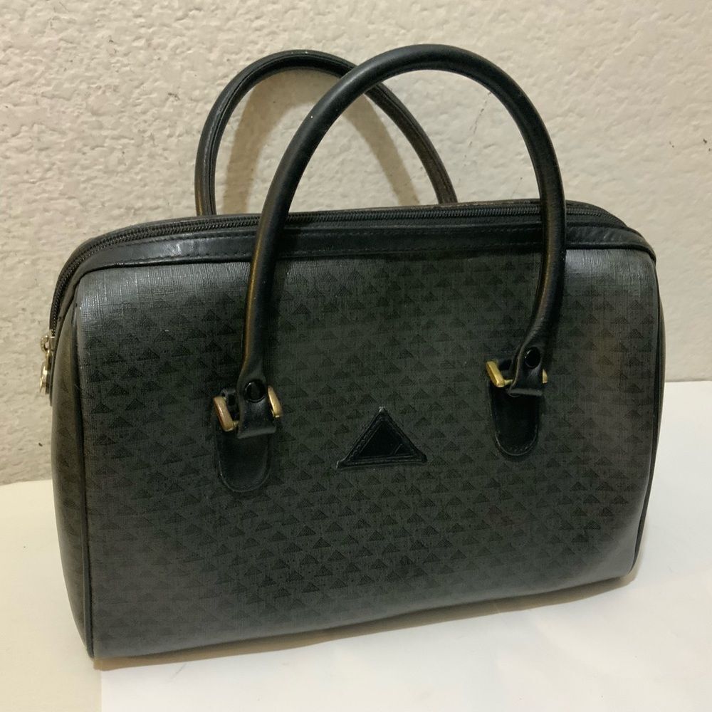 VTG Liz Claiborne Small Dark Gray Logo Print Leather Trim Satchel Handbag 1984